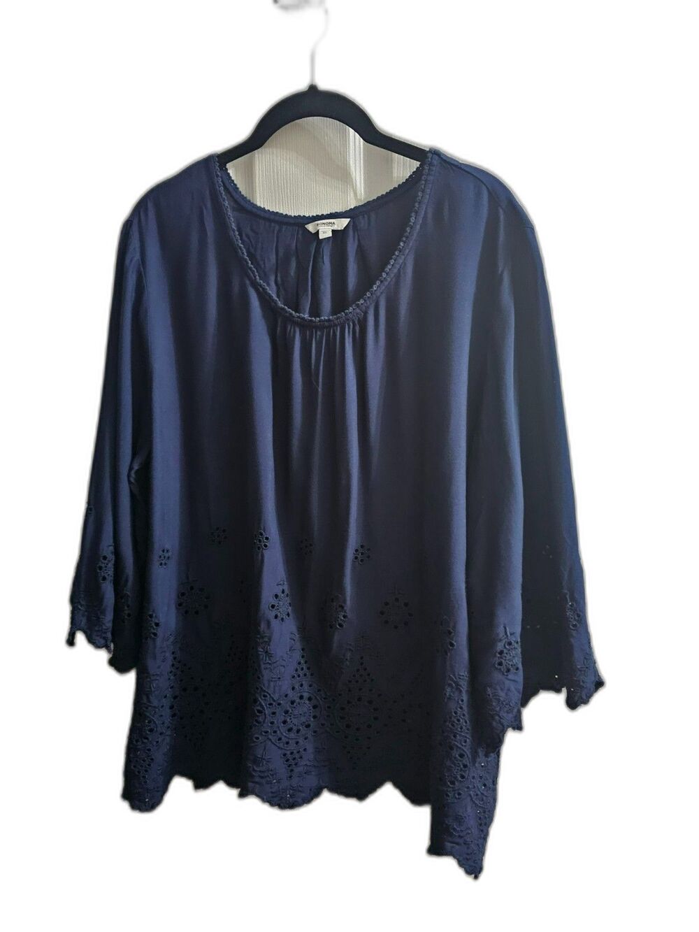 Sonoma Women's Navy Blue Eyelet 3/4 Sleeve Top XL Boho Peasant Chic